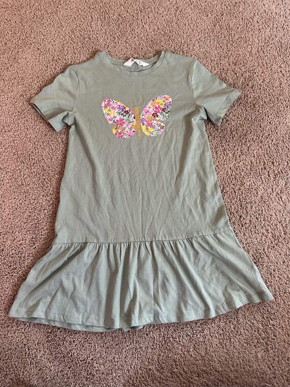 Girls' Sage Green Butterfly Print Dress.